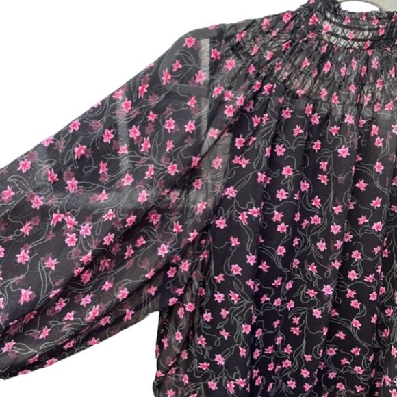 Elizabeth And James EUC Long Sleeve Black Pink Floral Sheer Smocked Neck Top Med - Picture 15 of 16